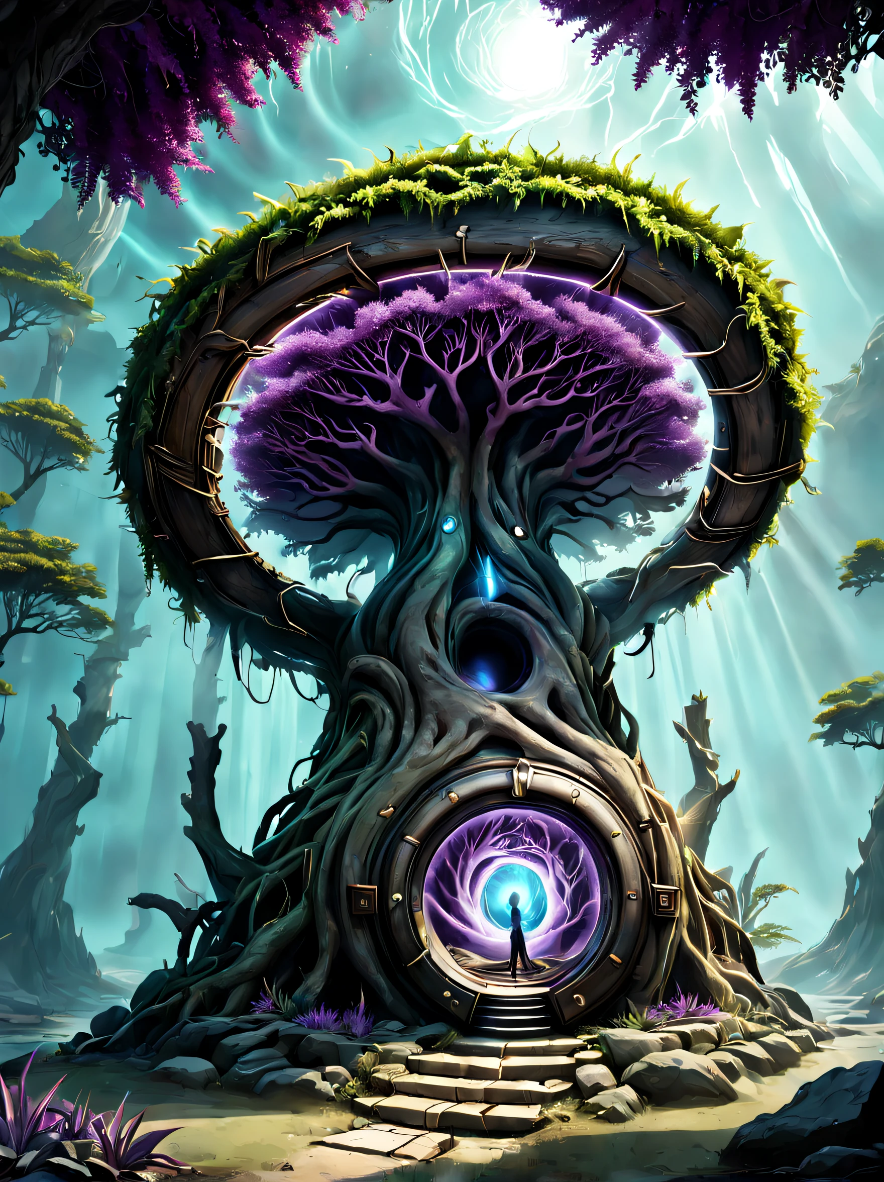 magical plants, Concept art, magical aura:1.3, (Gateway to another dimension), (A 5,000-year-old tree with a gateway to time travel), (The entrance to time travel is a magical aura vortex), Entrance to time travel to another dimension world, warp zone, purple trees, Entrance to time travel in the center, ((Signs "Time travel")), (masutepiece), (Best Quality), (ultra high detailed)