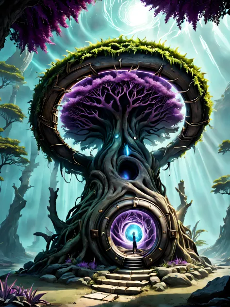 magical plants, Concept art, magical aura:1.3, (Gateway to another dimension), (A 5,000-year-old tree with a gateway to time tra...