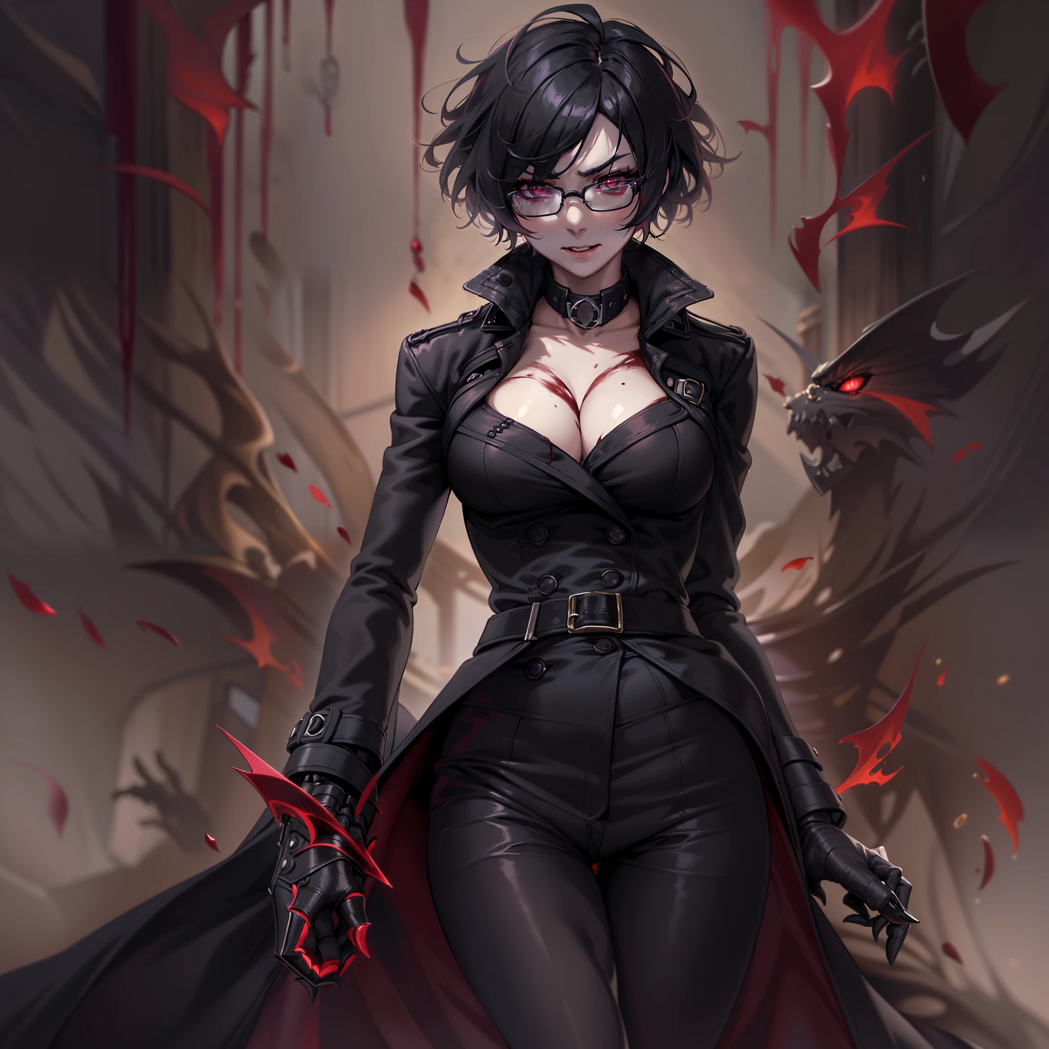 (High resolution, best quality, masterpiece) detail, intricate detail, realism, 1female, ((solo_focused)), single, one woman, physically fit, curvy, pale skin, vampire, fierce expression, dark eyes, (detailed eyes), red_rimmed eyes, sharpened fangs, black hair, short hair, full body, ((detailed hands)), ((pointed finger)), medium breast, beautiful, mature, dark aura surrounding her, malevolent energy, (topwear:(((shirt:black, trench_coat:black)), handwear:((gauntles) botottomwear:(pantlue))), blood dripping, glasses, dark tinted glasses, grinning, cocky expression, menacing, blood spatter, gore, haunted expression,