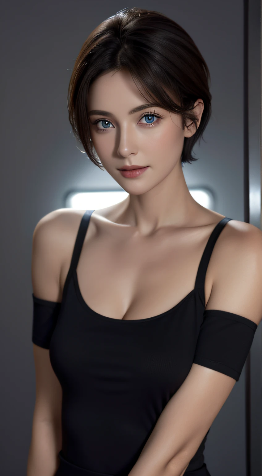 Skin Tight Black Top:1.2, Looking at Viewer, Cinematic lighting, Perfect, softlight, High resolution skin:1.2, Realistic skin texture, 30 years old mature woman、a small face、no-makeup、, off shoulders,Bust B Cup、Small cleavage, Blue eyes, Short hair, dark brown  hair、fullnude、Gray background、