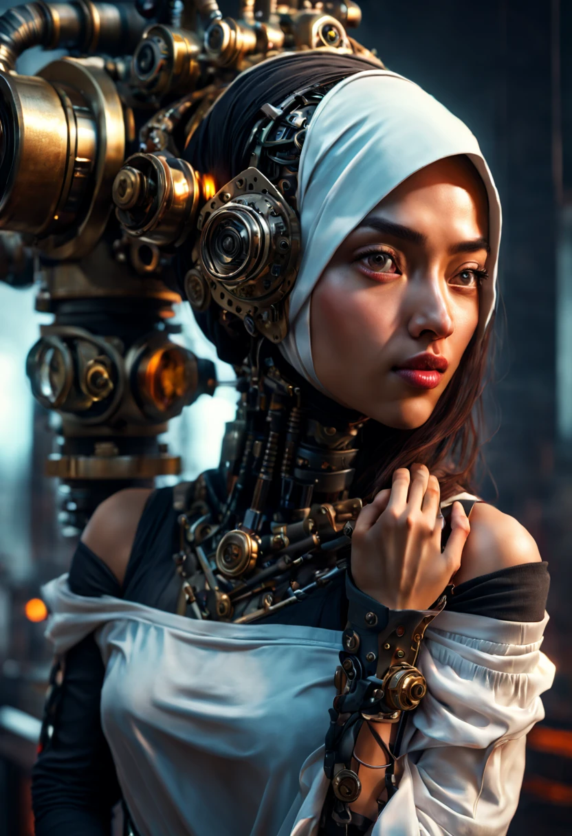 ((best quality)), ((masterpiece)), ((realistic, digital art)), Hyper HD, (hyper detailed), 1 Girl, Off Shoulder, Cinematic Lighting, RAW Photography, (Perfect Body Shape), DonMCyb3rN3cr0XL Beautiful Hijabi Malay woman Techno-witch, octane rendering, raytracing, volumetric lighting, Backlit, Rim Lighting, 8K, HDR, Dynamic Poses, Mechanical Face, Mechanical Arm, Sit on Ledge, Machinery Background, Modest Outfit