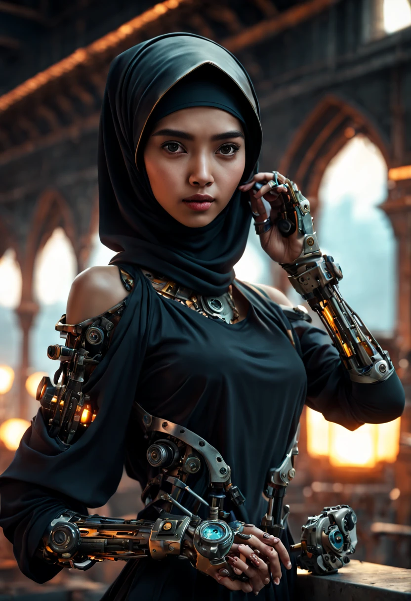 ((best quality)), ((masterpiece)), ((realistic, digital art)), Hyper HD, (hyper detailed), 1 Girl, Off Shoulder, Cinematic Lighting, RAW Photography, (Perfect Body Shape), DonMCyb3rN3cr0XL Beautiful Hijabi Malay woman Techno-witch, octane rendering, raytracing, volumetric lighting, Backlit, Rim Lighting, 8K, HDR, Dynamic Poses, Mechanical Face, Mechanical Arm, Sit on Ledge, Machinery Background, Modest Outfit