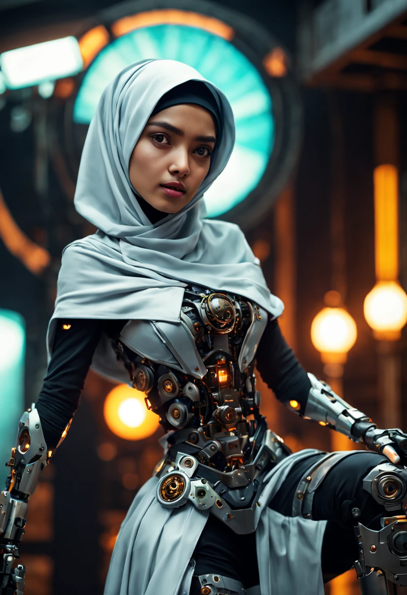 ((best quality)), ((masterpiece)), ((realistic, digital art)), Hyper HD, (hyper detailed), 1 Girl, Off Shoulder, Cinematic Lighting, RAW Photography, (Perfect Body Shape), DonMCyb3rN3cr0XL Beautiful Hijabi Malay woman Techno-witch, octane rendering, raytracing, volumetric lighting, Backlit, Rim Lighting, 8K, HDR, Dynamic Poses, Mechanical Face, Mechanical Arm, Sit on Ledge, Machinery Background, Modest Outfit