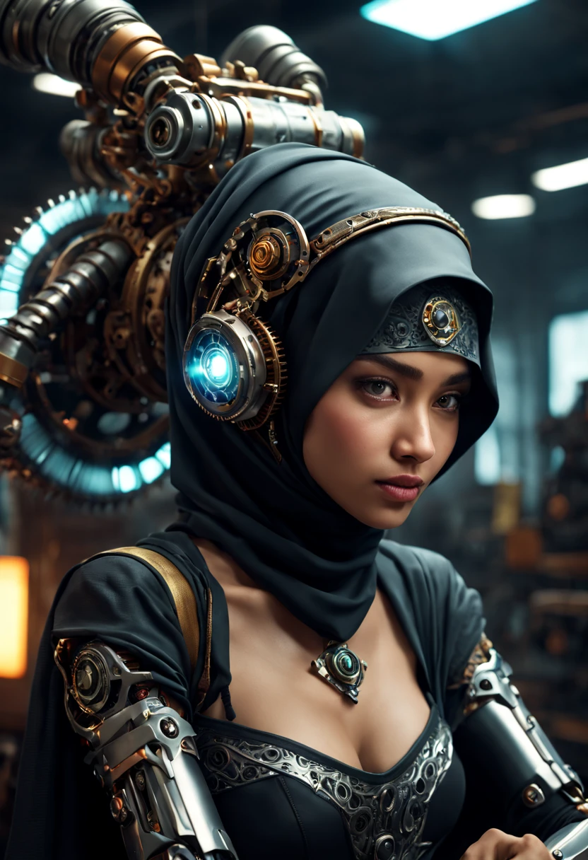 ((best quality)), ((masterpiece)), ((realistic, digital art)), Hyper HD, (hyper detailed), 1 Girl, Off Shoulder, Cinematic Lighting, RAW Photography, (Perfect Body Shape), DonMCyb3rN3cr0XL Beautiful Hijabi Malay woman Techno-witch, octane rendering, raytracing, volumetric lighting, Backlit, Rim Lighting, 8K, HDR, Dynamic Poses, Mechanical Face, Mechanical Arm, Sit on Ledge, Machinery Background, Modest Outfit