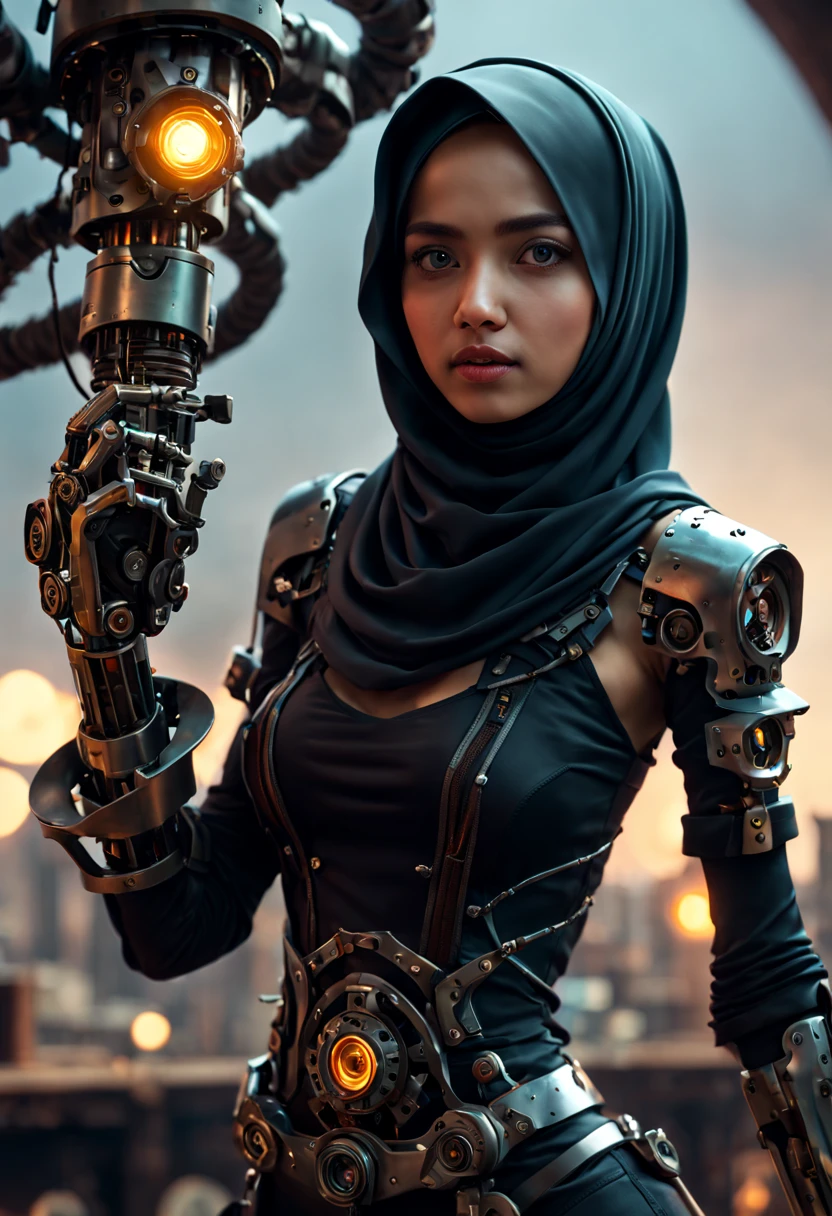 ((best quality)), ((masterpiece)), ((realistic, digital art)), Hyper HD, (hyper detailed), 1 Girl, Off Shoulder, Cinematic Lighting, RAW Photography, (Perfect Body Shape), DonMCyb3rN3cr0XL Beautiful Hijabi Malay woman Techno-witch, octane rendering, raytracing, volumetric lighting, Backlit, Rim Lighting, 8K, HDR, Dynamic Poses, Mechanical Face, Mechanical Arm, Sit on Ledge, Machinery Background, Modest Outfit