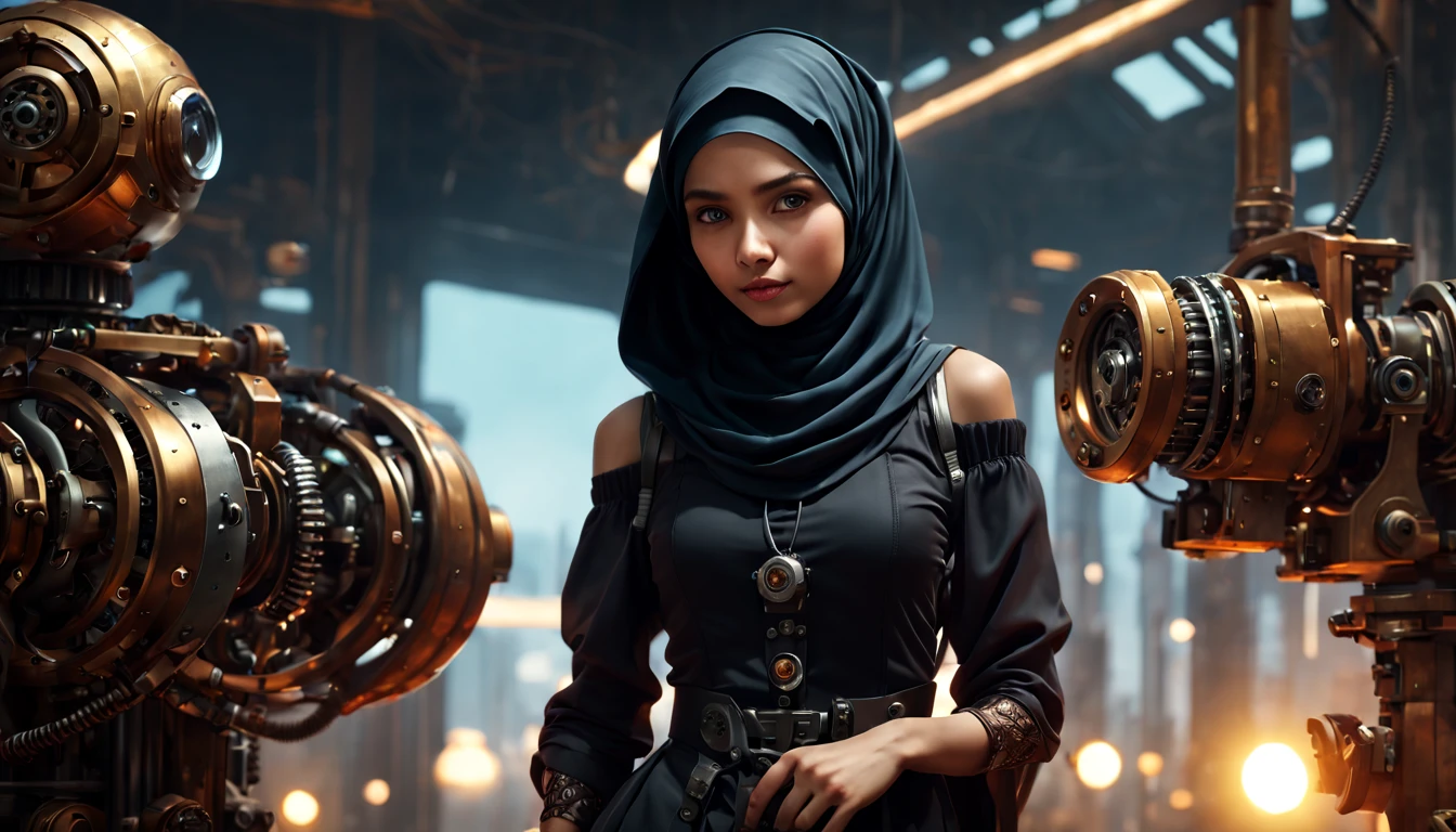 ((best quality)), ((masterpiece)), ((realistic, digital art)), Hyper HD, (hyper detailed), 1 Girl, Off Shoulder, Cinematic Lighting, RAW Photography, (Perfect Body Shape), DonMCyb3rN3cr0XL Beautiful Hijabi Malay woman Techno-witch, octane rendering, raytracing, volumetric lighting, Backlit, Rim Lighting, 8K, HDR, Dynamic Poses, Mechanical Face, Mechanical Arm, Sit on Ledge, Machinery Background, Modest Outfit