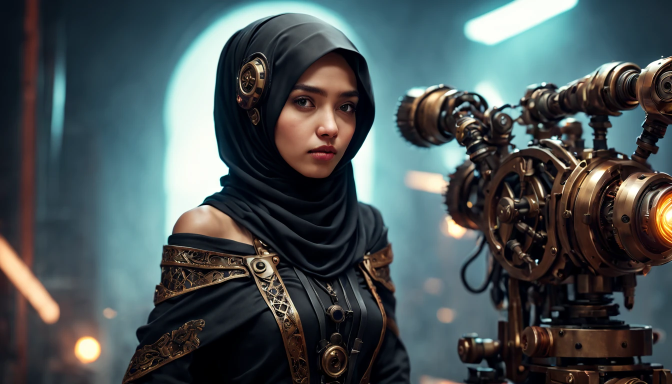 ((best quality)), ((masterpiece)), ((realistic, digital art)), Hyper HD, (hyper detailed), 1 Girl, Off Shoulder, Cinematic Lighting, RAW Photography, (Perfect Body Shape), DonMCyb3rN3cr0XL Beautiful Hijabi Malay woman Techno-witch, octane rendering, raytracing, volumetric lighting, Backlit, Rim Lighting, 8K, HDR, Dynamic Poses, Mechanical Face, Mechanical Arm, Sit on Ledge, Machinery Background, Modest Outfit