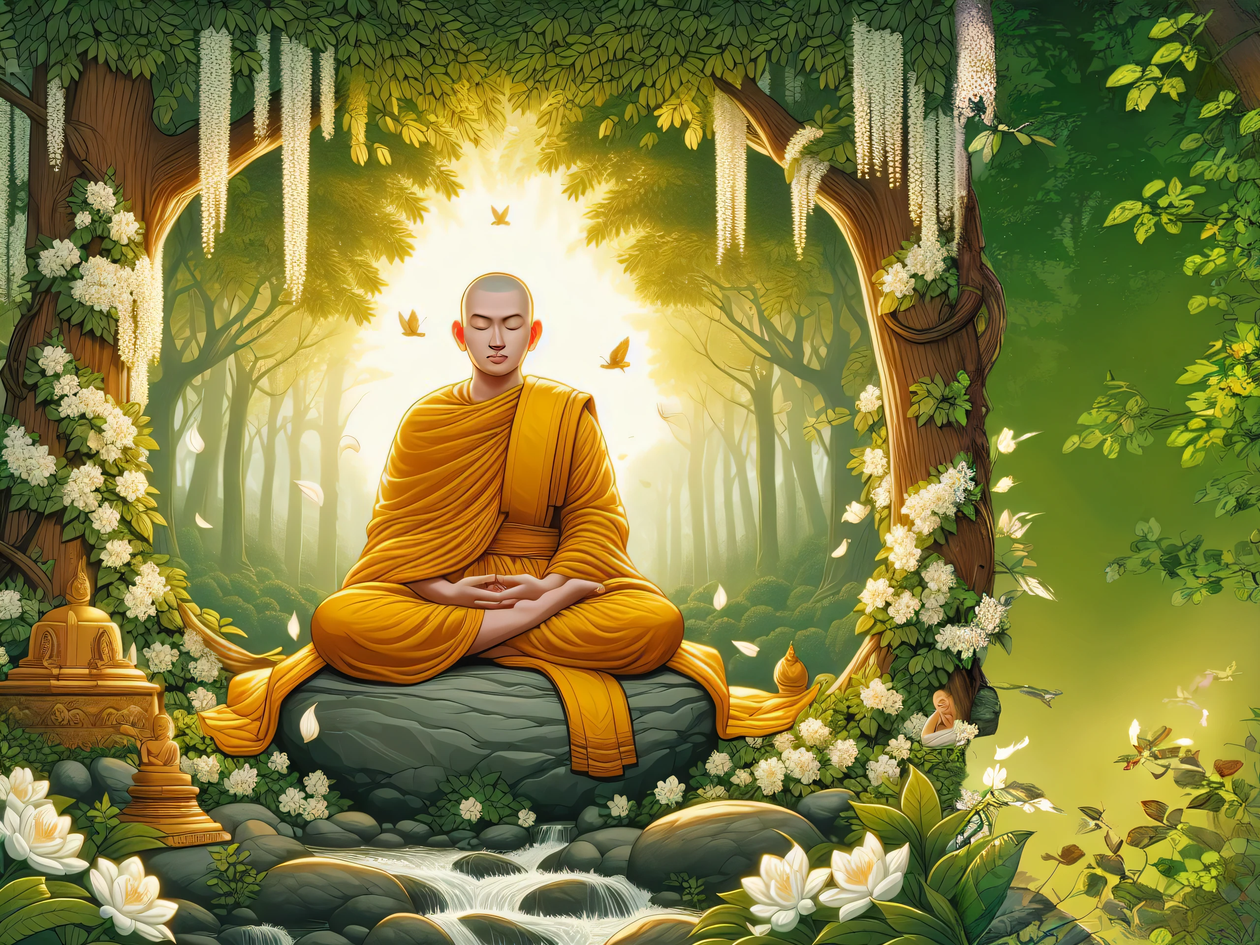 buddha sitting on a rock in a forest with flowers and trees, monk meditate, buddhist monk meditating, buddhism, buddhist monk, on path to enlightenment, buddhist, the buddha, on the path to enlightenment, serene illustration, spiritual enlightenment, portrait of monk, samsara, hindu stages of meditation, meditation, enlightenment. intricate, enlightened, enlightenment