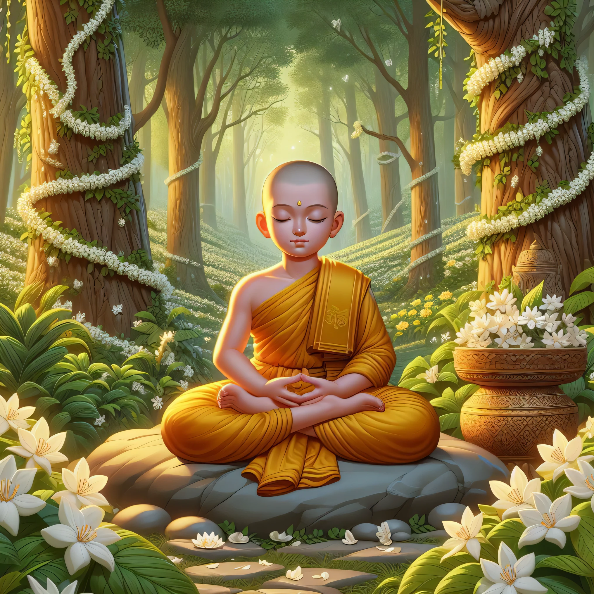 buddha sitting in meditation position in a forest with flowers, monk meditate, buddhist monk meditating, buddhism, on path to enlightenment, the buddha, on the path to enlightenment, samsara, serene illustration, buddhist, buddhist monk, hindu stages of meditation, meditating, meditation, tithi luadthong, enlightened, concept art of a monk, mystical purity