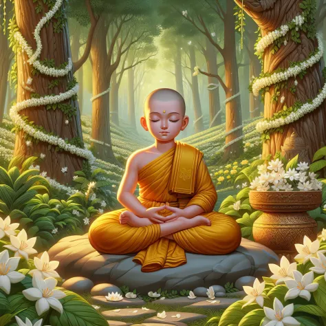 buddha sitting in meditation position in a forest with flowers, monk meditate, buddhist monk meditating, buddhism, on path to en...