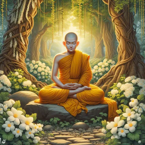 a painting of a monk sitting in a meditation position in a forest, monk meditate, on path to enlightenment, buddhist monk medita...