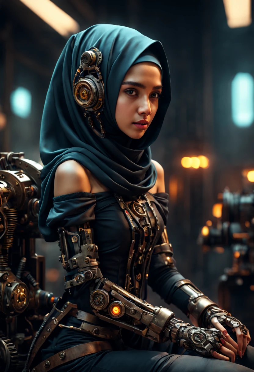 ((best quality)), ((masterpiece)), ((realistic, digital art)), Hyper HD, (hyper detailed), 1 Girl, Off Shoulder, Cinematic Lighting, RAW Photography, (Perfect Body Shape), DonMCyb3rN3cr0XL Beautiful Hijabi Malay woman Techno-witch, octane rendering, raytracing, volumetric lighting, Backlit, Rim Lighting, 8K, HDR, Dynamic Poses, Mechanical Face, Mechanical Arm, Sit on Ledge, Machinery Background, Modest Outfit