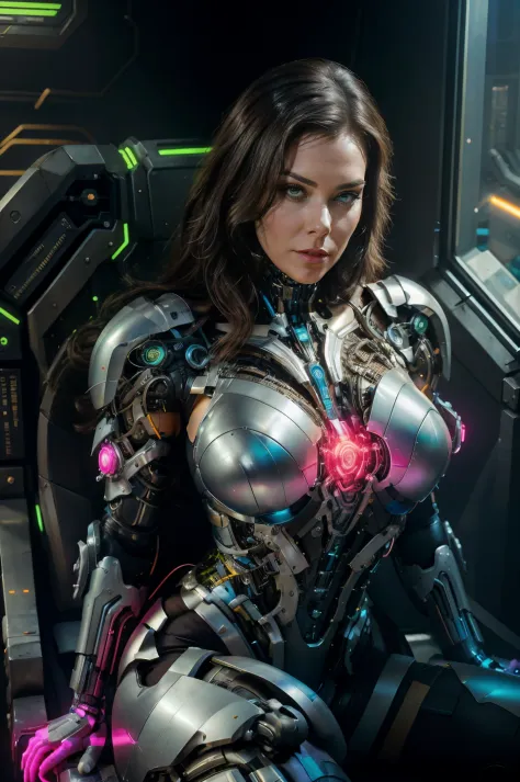 Alison Tyler 25 anos, brunette hair, as a bodybuilder cyborg with bionic parts in your body, cyberpunk armored, pink-white-lime green, reading a magazine relaxed in a futuristic chair, futuristic lab, blueprint, photostudio composition, digital art, illust...