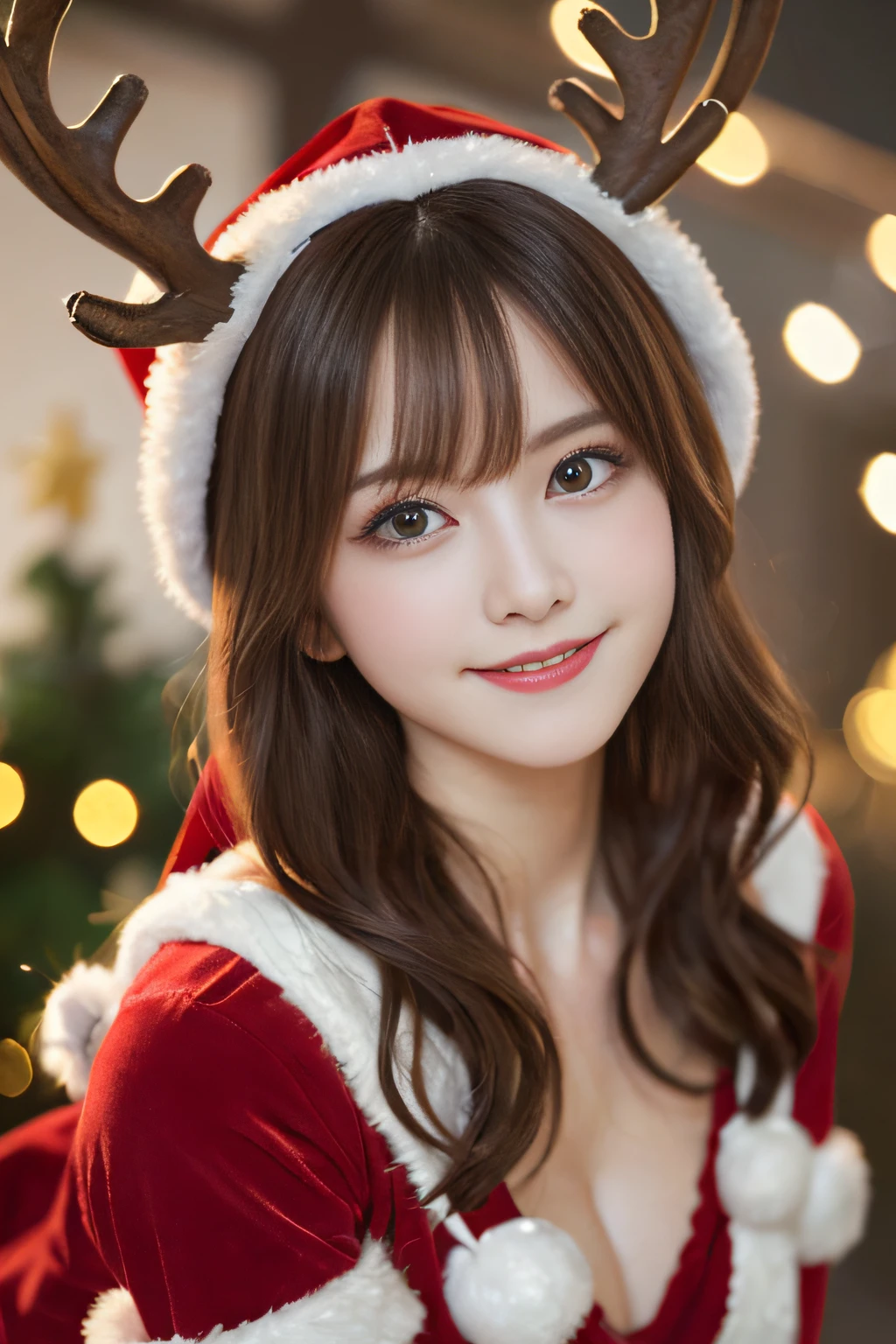 A close up of a woman wearing a santa outfit and reindeer horns - SeaArt AI