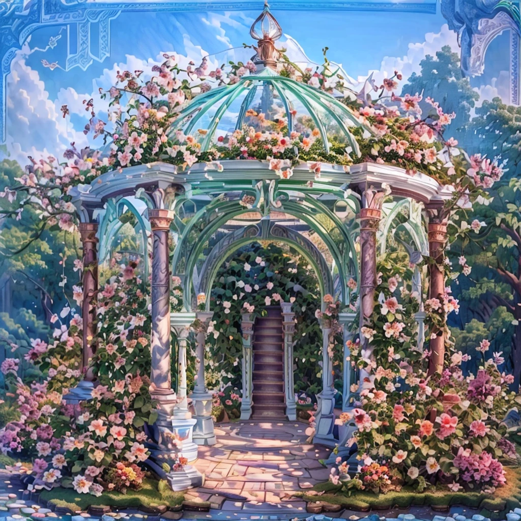 There is a gazebo，full of flowers and vines, royal garden background, beautiful render of a fairytale, , beautiful high resolution, Garden background, dreamy and detailed, Detailed landscapes, background artwork, high detal), well rendered, floral environment, pillars, Beautiful images, realistic garden, gazebo, arbor