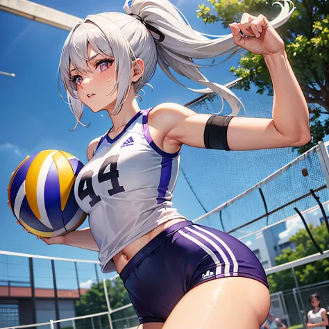 A woman, athletic body, perfect body, tabby body, white hair, purple eyes, ponytail style hair, sports uniform, playing volleyba...