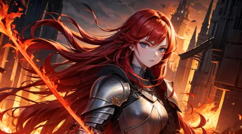 masutepiece,best quality,ultra-detailliert,1 long-haired female knight,upper body,take the fire sword,red hair,straight hair,loo...