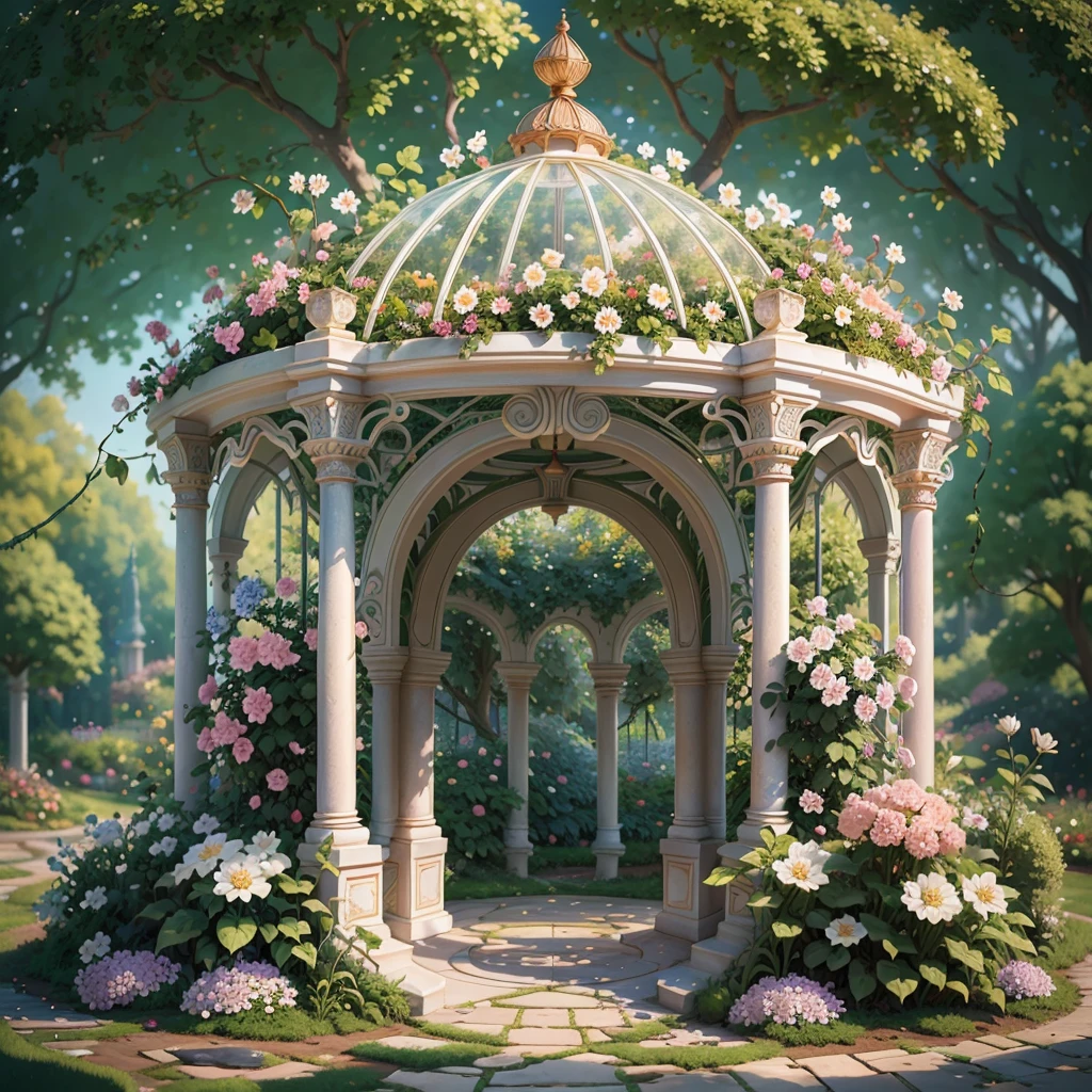 There is a gazebo，full of flowers and vines, royal garden background, beautiful render of a fairytale, , beautiful high resolution, Garden background, dreamy and detailed, Detailed landscapes, background artwork, high detal), well rendered, floral environment, pillar, Beautiful image, realistic garden, gazebo, arbor