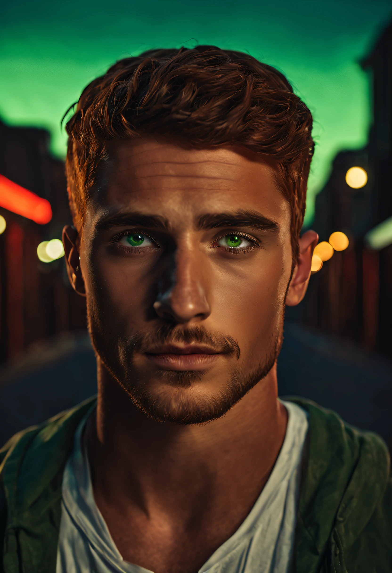 masterpiece, award -winning photography, handsome male, boy, 21 years old, light beard, red brown hair, green eyes, short hair, masculine facial features. confident, background with neon, utopian city, Surrealism, Minimalism, cinematic style, drop shadow, film grain, 1080P, anatomically correct