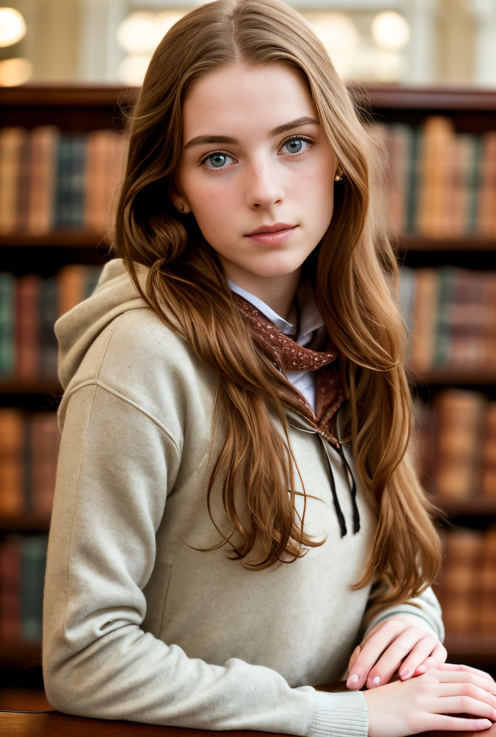 masterpiece, best quality, hyperrealistic, cinematic photo,  innocent 20yo female, 
swedish,
pronounced feminine features,

hoodie,
very long chestnut hair,
freckled face,
(library background),
victorian style,
(8k, epic composition, photorealistic, sharp focus),
elaborate background,
dslr,

intricate details,




rule of thirds,