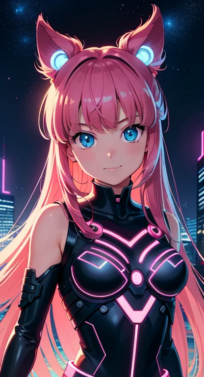 best quality, 4K wallpaper, masterpiece, extremely detailed CG unity 8k wallpaper, extremely detailed eyes, ultra-detailed, intricate details, masterpiece, best quality, 1girl, city pop, akira, night, neon lights, looking at viewer, body at an angle, slight smile, vector illustration, 80s clothing, long hair, 80s, synthwave, abstract background, graphic, manga, 80s anime, retro poster