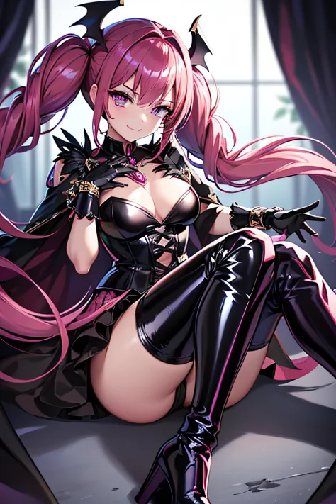 Best Quality, ultra-detailliert,1girl in, Solo, Cure Happy, Pink hair, low twintails, Black feather hair ornament, Black skirt with ruffles, Black tiara, Wrist cuffs, Purple shorts, Shorts under skirt, long boots, Black Enamel Boots, Evil smile, (Glossy fa...