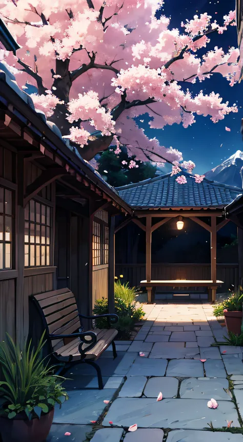 natta，cherry tree，courtyard，bench moon，far mountain，solitude，petals flying in the air