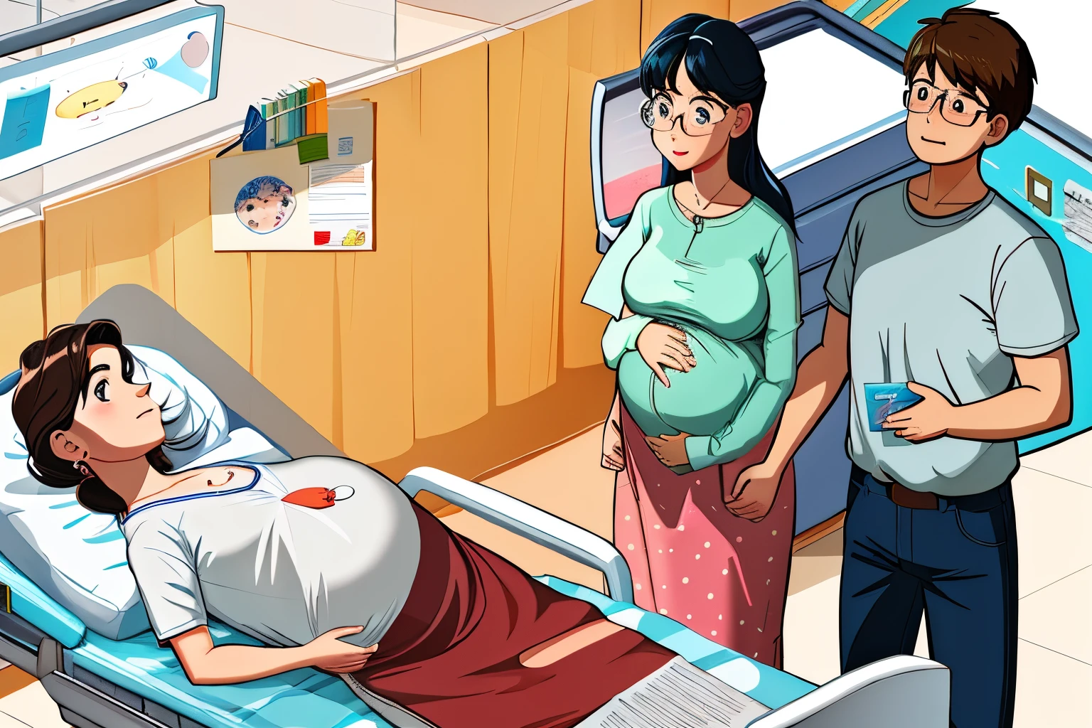 Pregnant woman in hospital bed with two men standing around - SeaArt AI