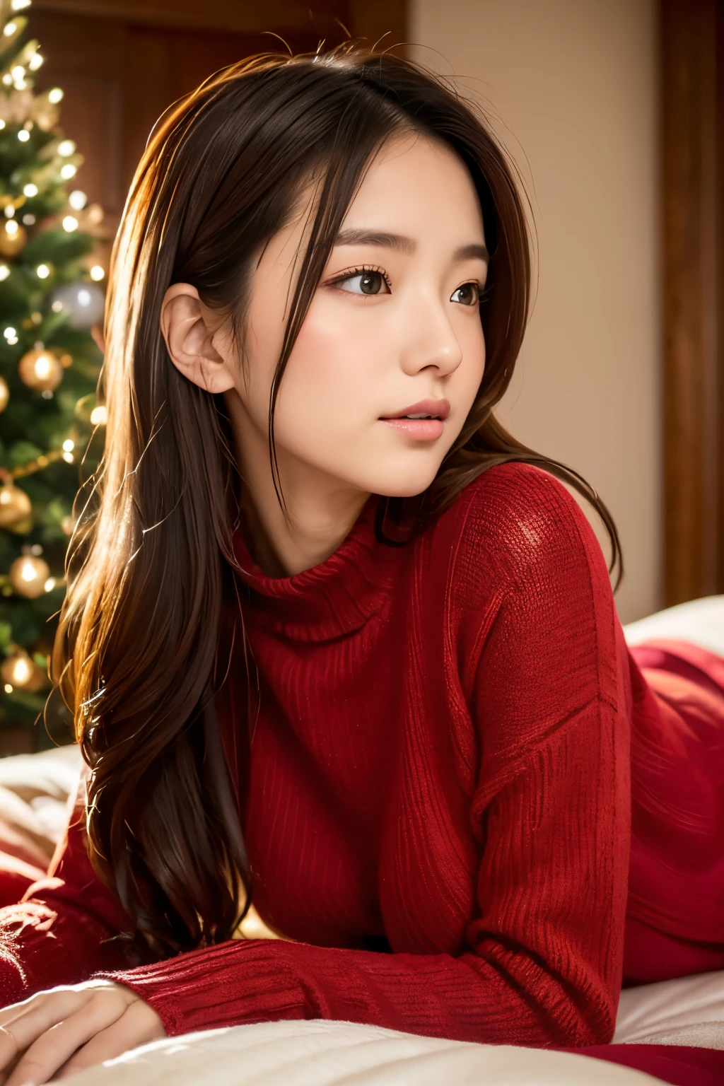 （top-quality、8K、32K、​masterpiece,)Beautuful Women、red loose sweater、Red lace panties、Lying down、Shot from the side、Natural look、Christmas tree、pile of presents（（real  face））profile、profile、Warm atmosphere((no makeup on my face）