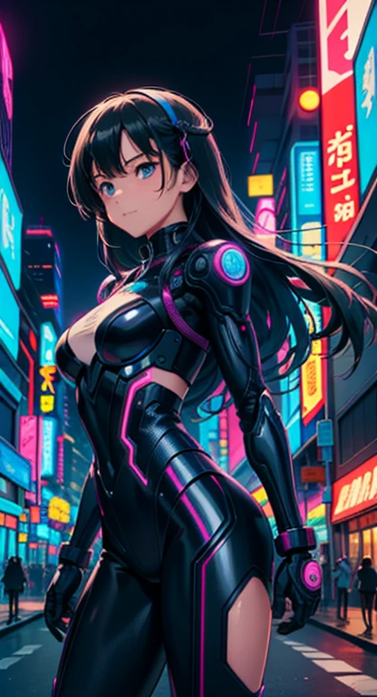 best quality, 4K wallpaper, masterpiece, extremely detailed CG unity 8k wallpaper, extremely detailed eyes, ultra-detailed, intricate details, masterpiece, best quality, 1girl, city pop, akira, night, neon lights, looking at viewer, body at an angle, slight smile, vector illustration, 80s clothing, long hair, 80s, synthwave, abstract background, graphic, manga, 80s anime, retro poster