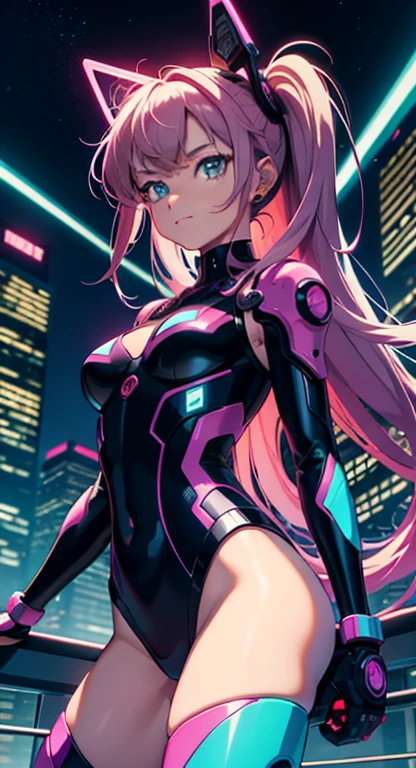 best quality, 4K wallpaper, masterpiece, extremely detailed CG unity 8k wallpaper, extremely detailed eyes, ultra-detailed, intricate details, masterpiece, best quality, 1girl, city pop, akira, night, neon lights, looking at viewer, body at an angle, slight smile, vector illustration, 80s clothing, long hair, 80s, synthwave, abstract background, graphic, manga, 80s anime, retro poster