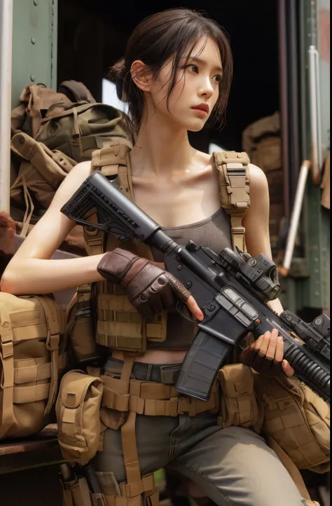 Photorealsitic、Realistic skin textures、automatic rifle、rubble - SeaArt AI