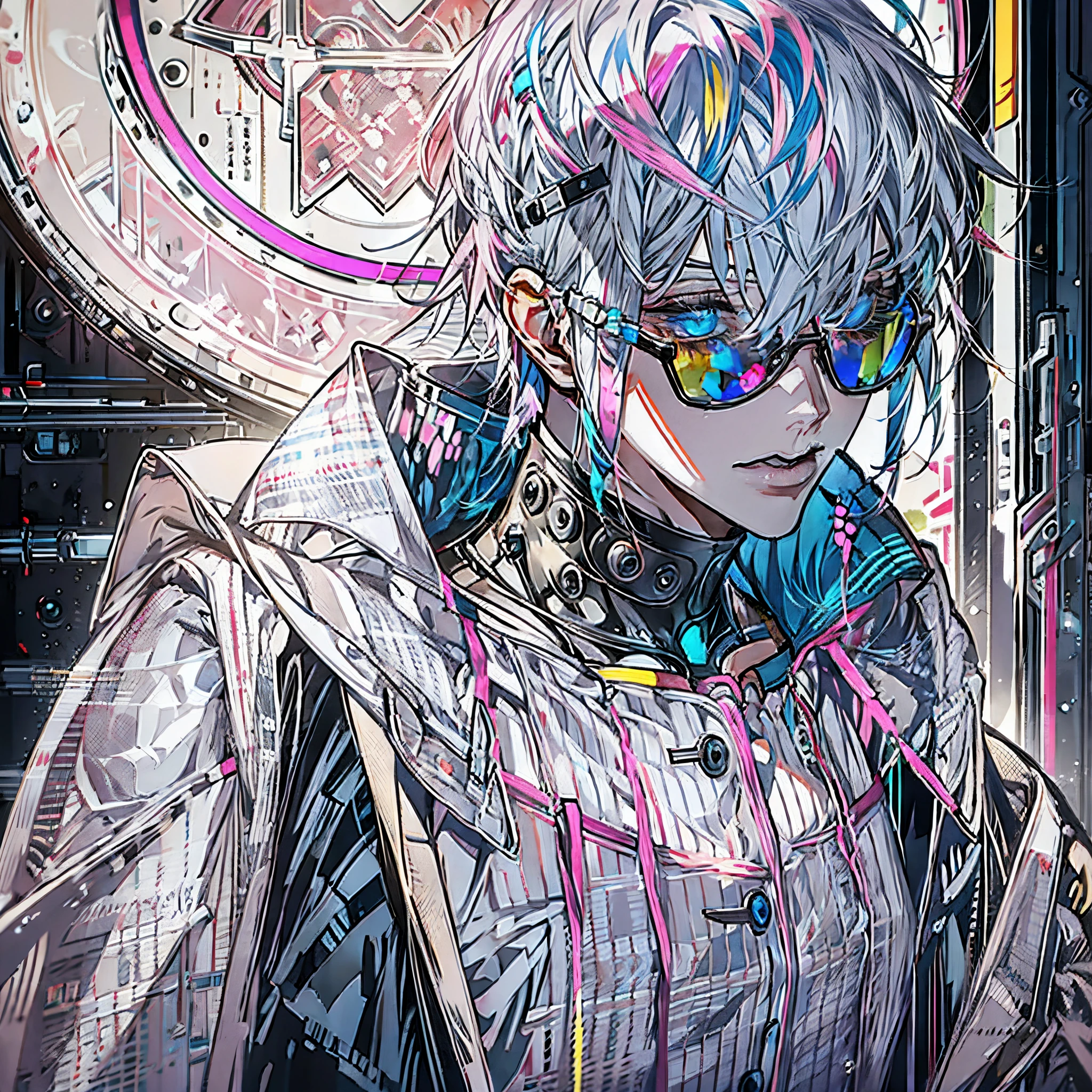 Masterpiece, best quality, high quality, ultra detailed, 1boy, blue hair, white streaked hair, heterochromia, right eye:pink, left eye:gray, tinted round sunglasses, choker, black and yellow cyber punk outfit