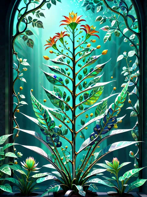stained glass style，(a magical plant，Irridescent color，Half of its stems and leaves are made of bionic mechanical metal，The othe...