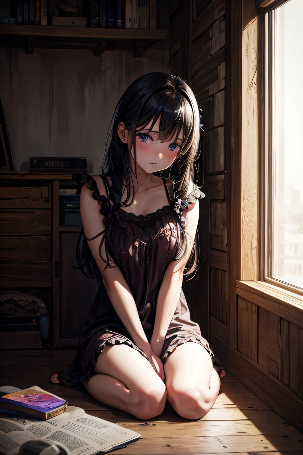 Anime girl sitting on the floor in front of a window - SeaArt AI