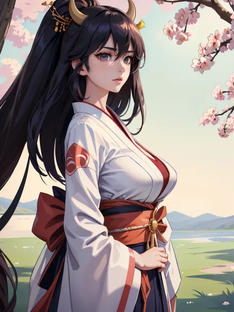 The beautiful, tmasterpiece, Best quality at best, Extremely detailed face,  perfect litthing, 1个Giant Breast Girl, Alone,  Ryuko Maai, Japanese clothes, komono, short-length kimono,  cow boy shot