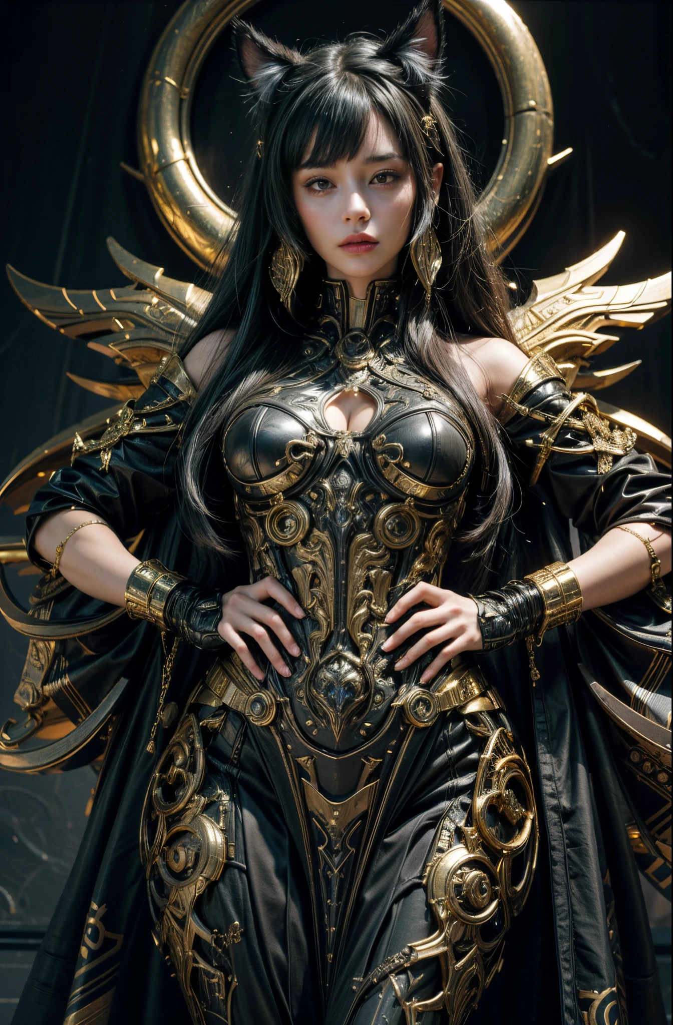 Beautiful girl in a black and gold dress with cat ears, Portrait of Sci Women - Fi, Portrait of a female man, Beautiful biomechanics, (Realistic face details), H. R. Giger, intricate detailed, very high details, photo-hyper-realistic, 8k, UHD, hyperdetailed, (Dynamic Poses:1.4),