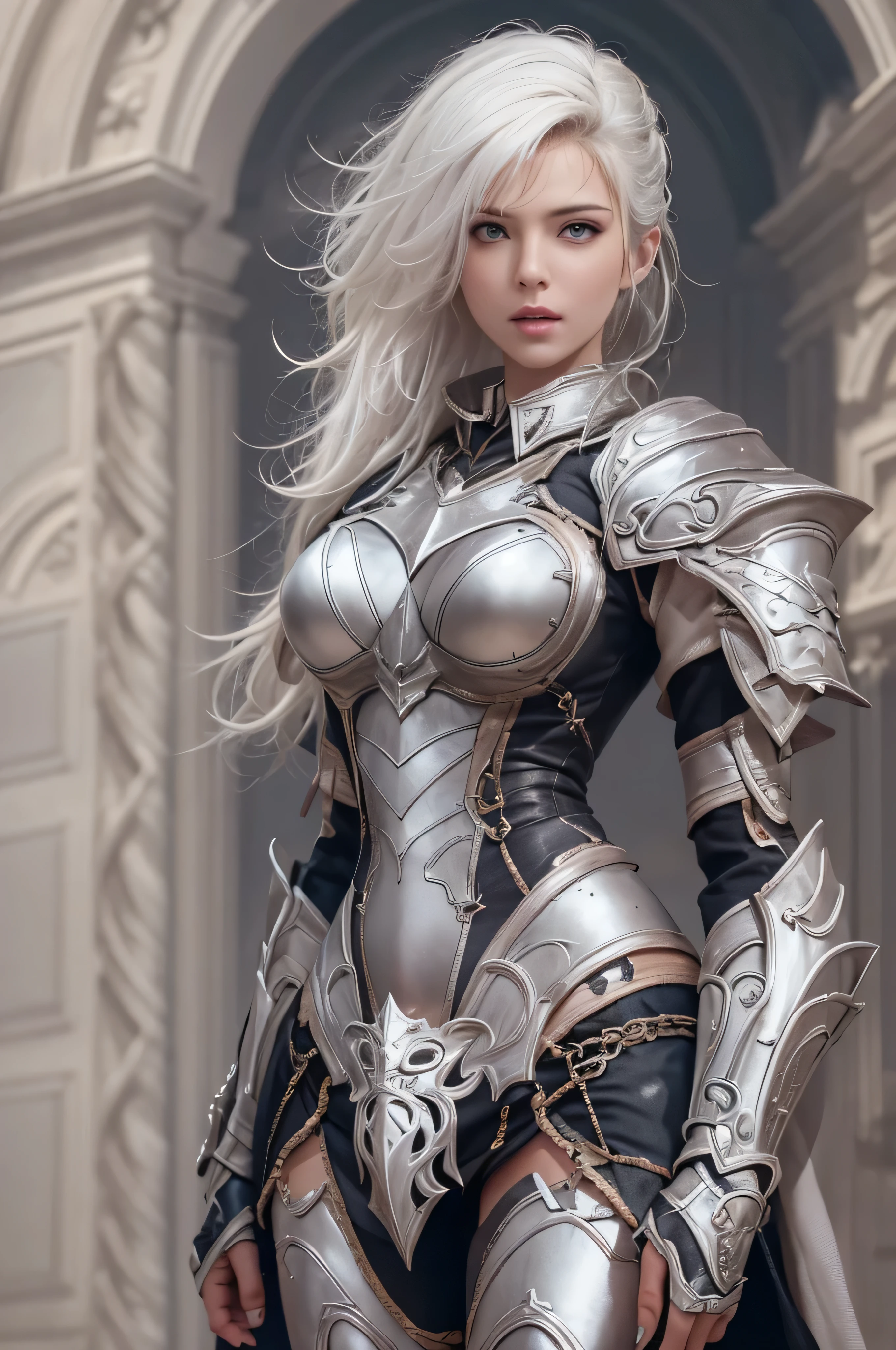 full body photorealistic, high resolution, 1 women, solo, hips up, look at viewer, (detailed face), white hair, long hair, medium breasts, Sexy Silent Legion Armor