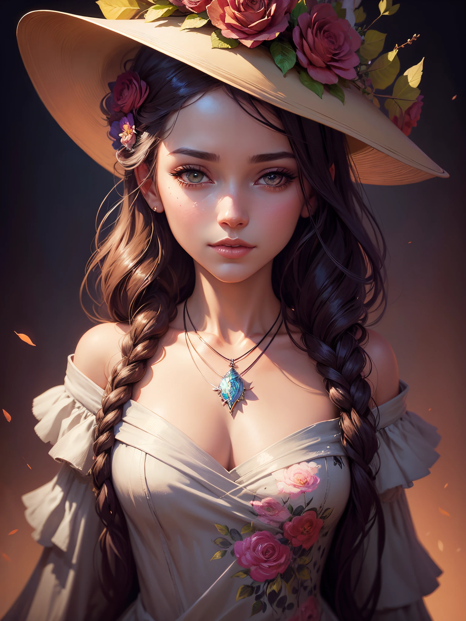 painting of a woman with a hat and a necklace with flowers, stunning digital illustration, detailed matte fantasy portrait, wlop, charlie bowater rich deep colors, fantasy art portrait, beautiful fantasy art portrait, 8k high quality detailed art, beautiful character painting, alexandra fomina artstation, beautiful digital illustration, inspired by WLOP, artgerm