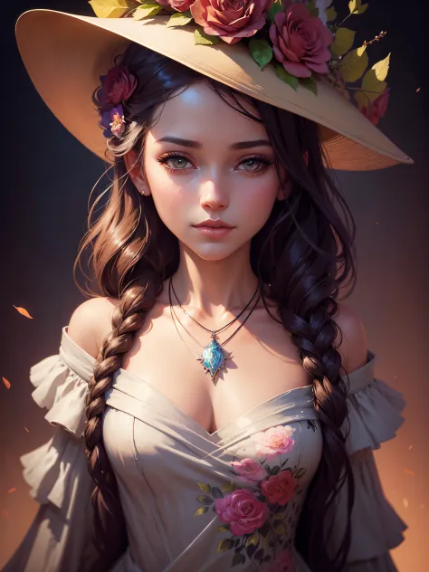 painting of a woman with a hat and a necklace with flowers, stunning digital illustration, detailed matte fantasy portrait, wlop...