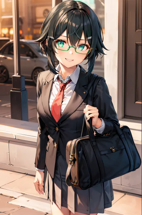 ​masterpiece, top-quality, hight resolution, 1girl in, sinon1, (A dark-haired:1.5), Black-rimmed glasses, Charcoal gray blazer, ...