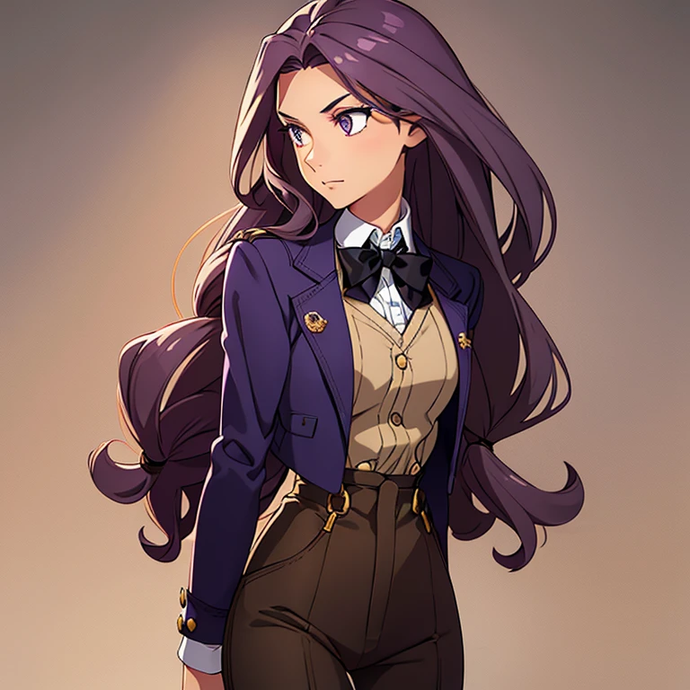 A girl with tan skin and a slim physique. She has long wavy violet hair that lays to the middle of her back. She has golden amber eyes. She is wearing a lavender button down long sleeve shirt, black pants and waistcoat, black gloves, black suspenders, and a white bow tie.