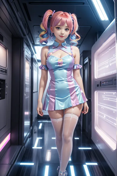 Cute redhead, gravure Idol, with rainbow colored hair tips, ribbons in her hair, 18-year-old woman, happy, in twin tails, perfect symmetrical eyes, clear sparkling blue eyes, pale skin, silky smooth skin, standing on a fancy luxurious space ship, large fut...