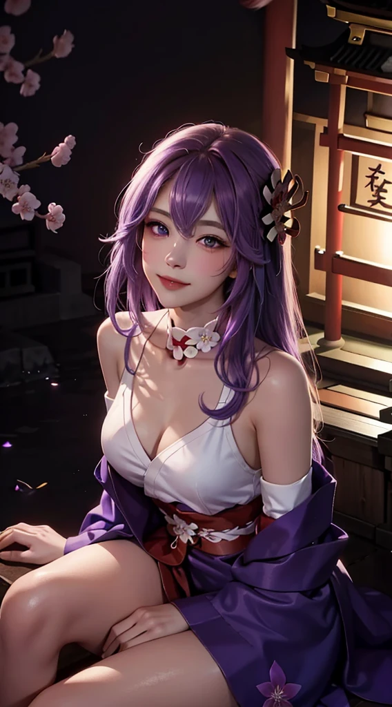 （Masterpiece of T, nood,1girll, Solo, Intricate details, Look up at perspective, color difference), realphoto,(façade), (Shoulder cut), Smile, Sexy Enhancement,Yae Miko, Purple-blue hair, Purple-blue accents, Purple eyes, Sharp look, Perfectly symmetrical figure, Neon Shirt, Reveal jacket, Sweaters, Leaning against the wall, Brick wall, doodle, dim lights, alleyway, Looking at the viewer.（（（Cherry blossom background) )),((((Japanese Temple Background)))), (((Glowing on a dark background)))
