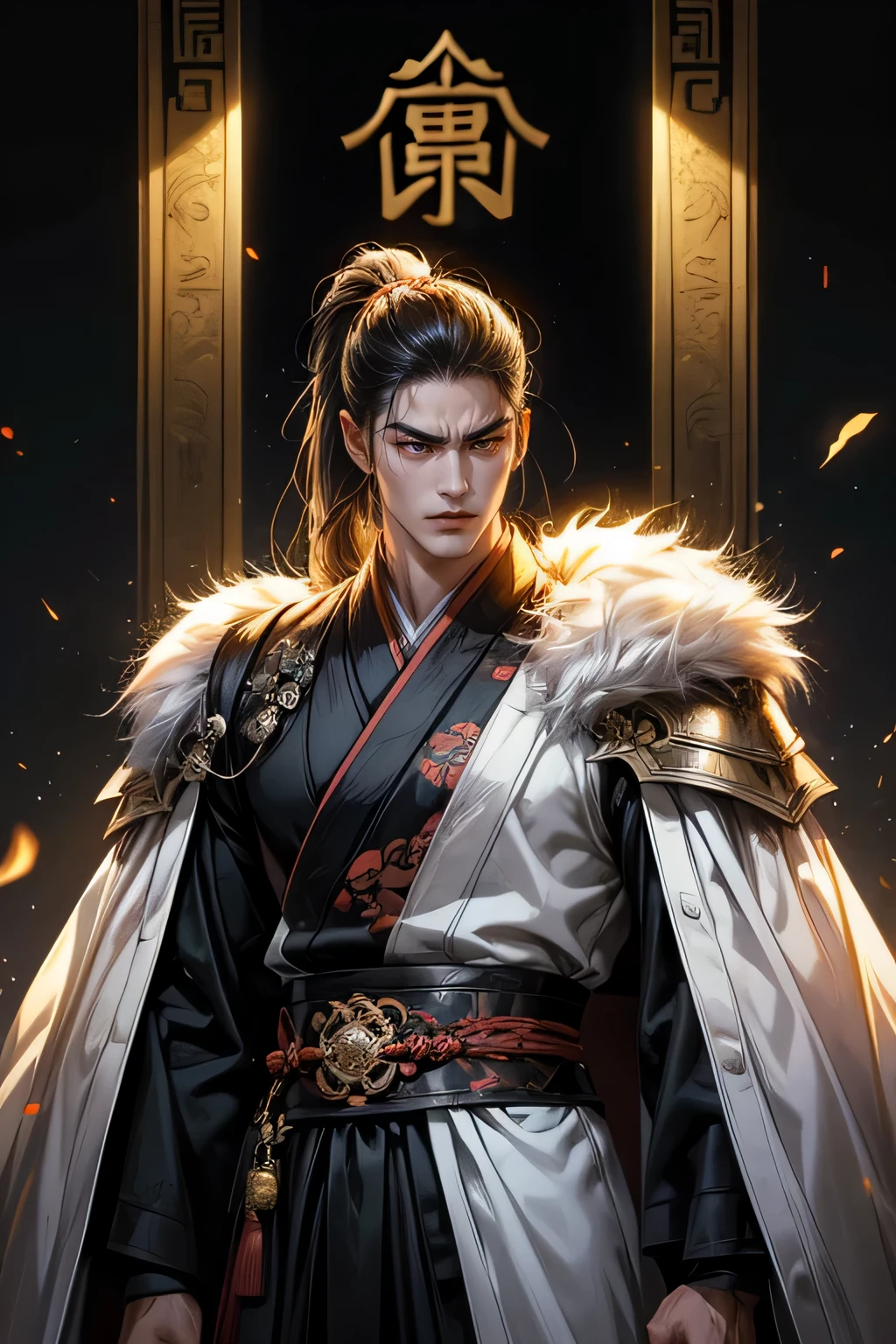 (masterpiece, 最高品質, Best quality official art beautiful and beautiful: 1.2) (((cowboy shot))), Chinese martial artist, Handsome Man, 25 years old, Black Hanfu, shoulder armature. Long hair tied with a ponytail., Fierce face., mafia, Scary, Big muscles, Height 200 cm., black background, Chinese architecture in the room, Beautiful gardens, shoulder.
armature, ((white fur covering one shoulder))