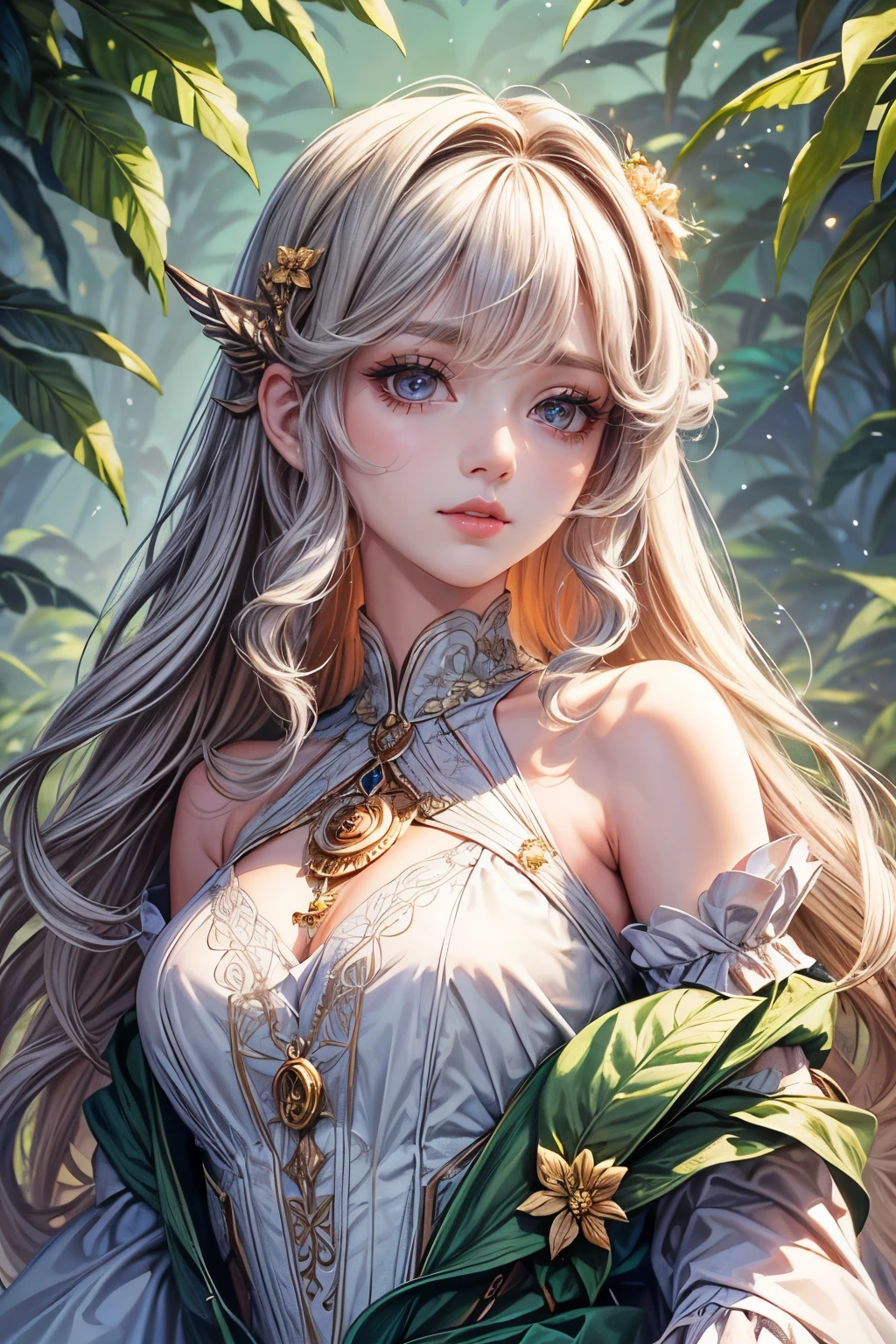 (Best quality,8K,CG),detailed upper body,lone girl,Floral forest background,Complex facial features,elegant long curly hair,Large almond-shaped eyes,Detailed eye makeup,Long eyelashes,Twinkling stars,Delicate lip detailing,Soft and harmonious style.