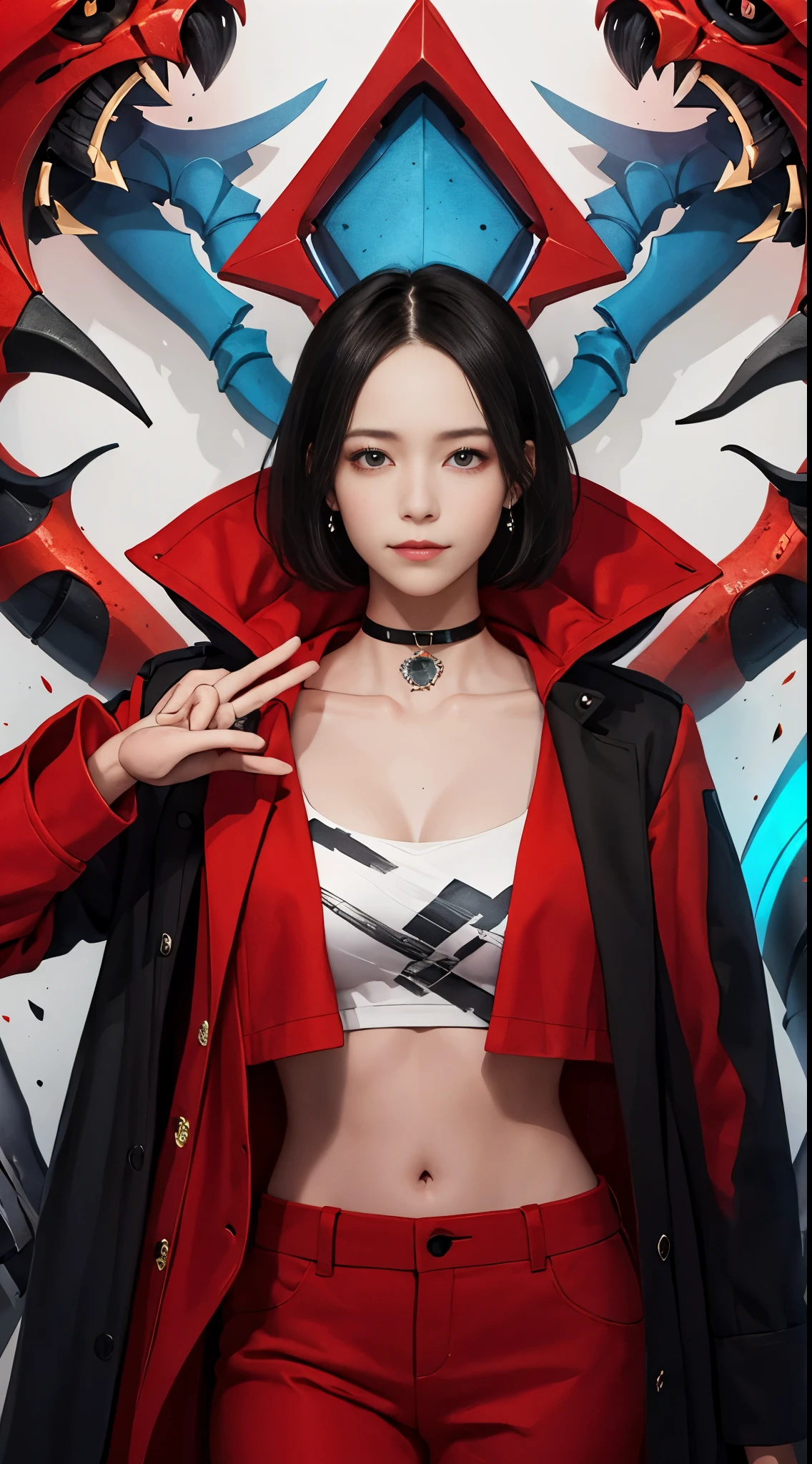 (masutepiece, Best Quality, 1girl in, Solo, Fine detail, chromatic abberation), Realistic, (Medium Breath)), pixie short hair, Sharp eyes, Choker, Open coat, (Symmetrical eyes), (Perfectly symmetrical body), Graffiti, Illuminated Background, Looking at the viewer, Guvez style artwork, Realistic art style, Woman taking photo in red coat and black pants