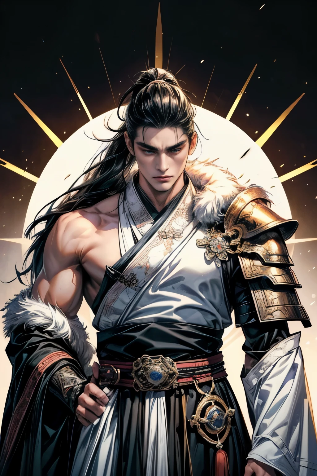 (Masterpiece, highest quality, best quality official art Beautiful and aesthetic: 1.2) (((Cowboy Shot))), Chinese martial artist, handsome male, 25 years old, black Hanfu, shoulder armor. Long hair tied in a ponytail, fierce face, mafia, formidable, big muscles, height 200 cm, shoulder. armor, ((white fur covering one shoulder))