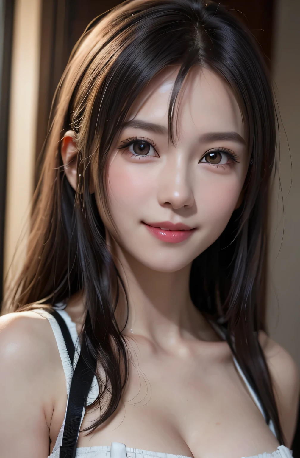 top-quality、8K Masterpiece、超A high resolution、(Photorealsitic:1.3)、Raw photo、女の子1人、silver white hair、glowy skin、((super realistic details))、portlate、globalillumination、Shadow、in 8K、ultrasharp、beauty breast、highly intricate detail、Realistic light、Beautiful eyes、radiant eyes、stares at the camera、Cute smile