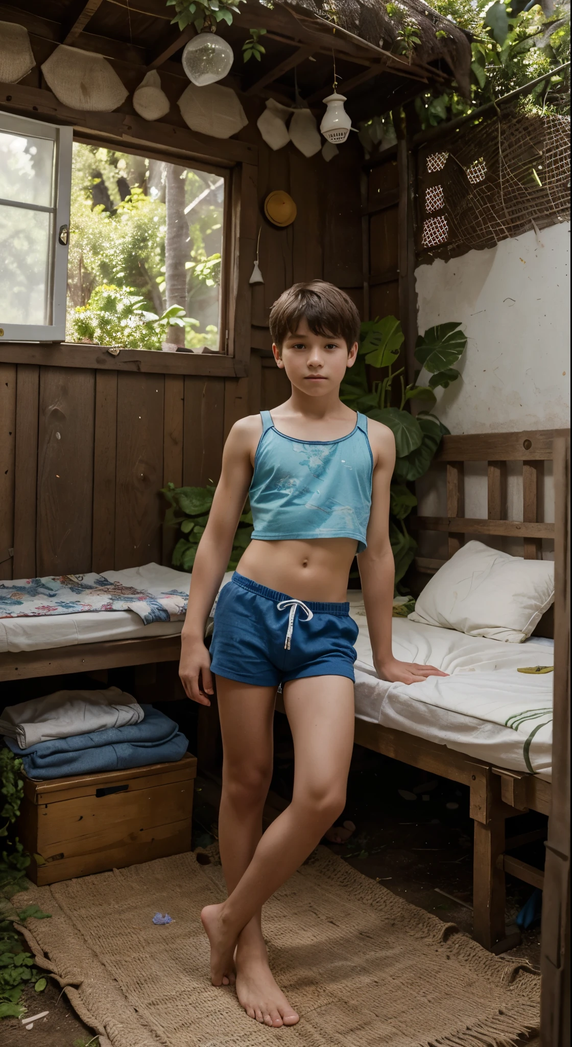 Arafed boy in blue shorts standing in front of a bed - SeaArt AI